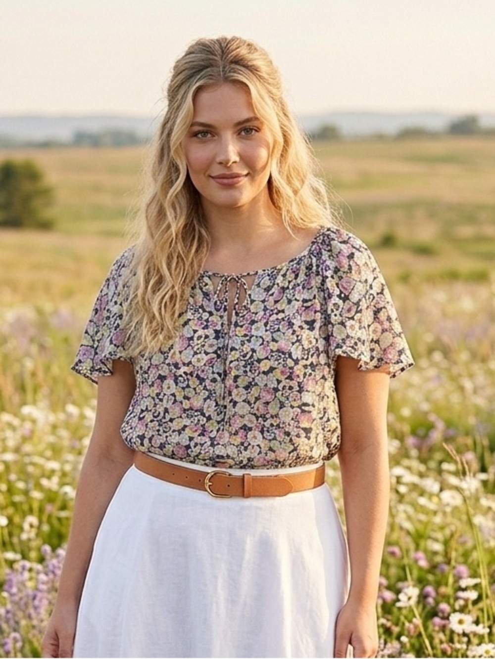 CHAPS Floral Short Flutter Sleeve Top Navy with Pink & Yellow Flowers